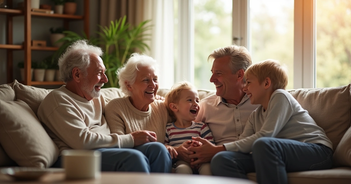 Família de várias gerações reunida na sala em conversa tranquila 