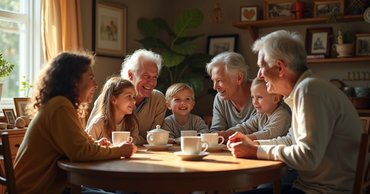 Várias gerações sentadas ao redor de uma mesa, crianças, adultos e idosos, conversando e rindo juntos. 