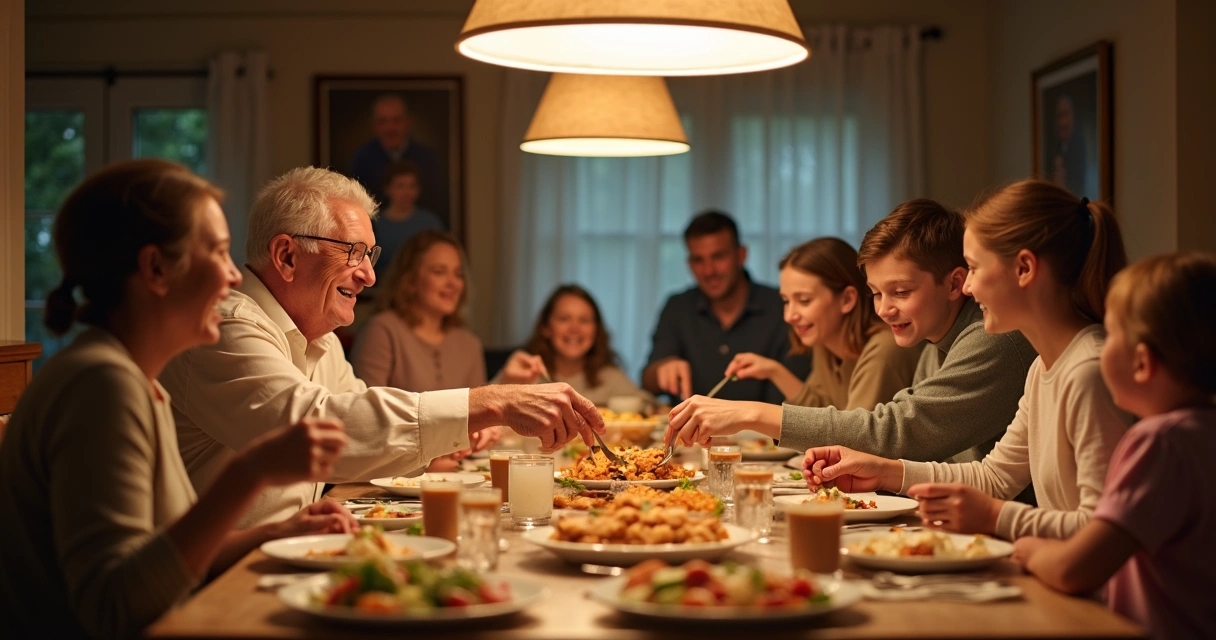 Várias gerações de uma família sentadas ao redor de uma mesa compartilhando uma refeição.