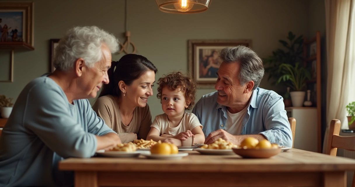 Família de várias gerações sentada ao redor de uma mesa