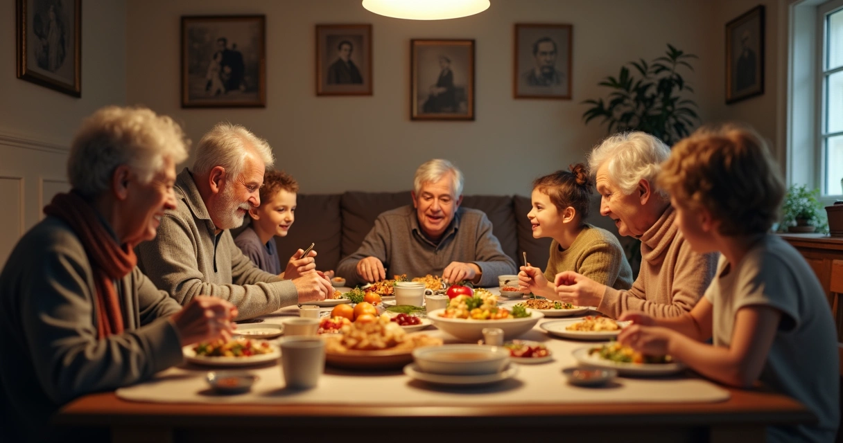 Família de várias gerações sentada em volta de uma mesa 