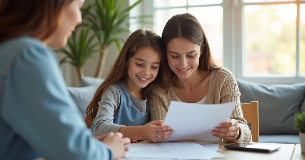 Mãe e filha segurando papéis do INSS ao lado de advogado 