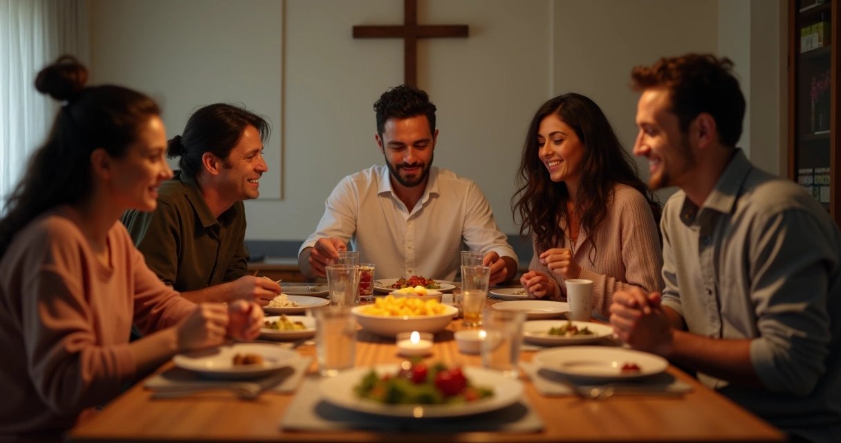 Família reunida em volta da mesa durante o jantar 