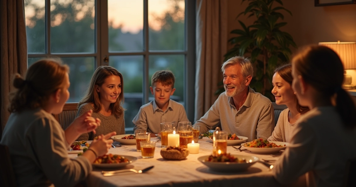 Família reunida ao redor de uma mesa de jantar simples