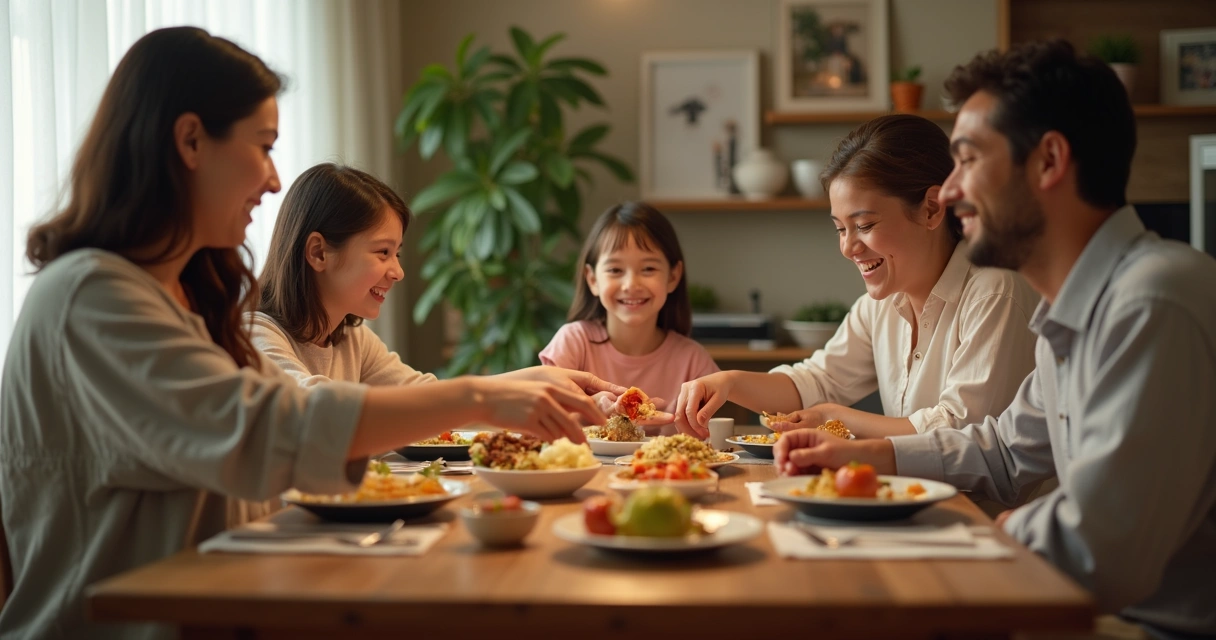 Família sentada à mesa de jantar sorrindo, ambiente iluminado com clima harmonioso