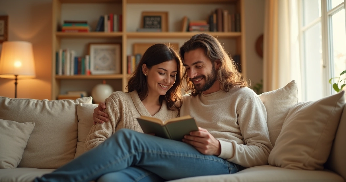 Família reunida fazendo leitura, casal folheando livro juntos 