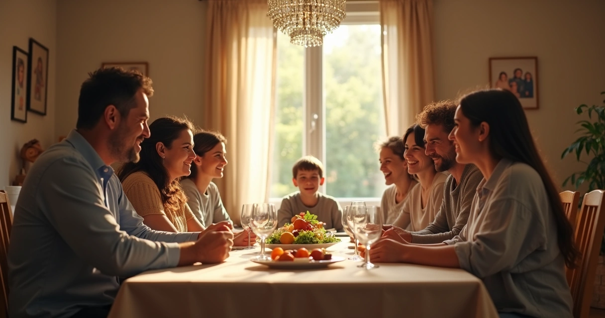 Família reunida à mesa com uma pessoa afastada olhando de longe 
