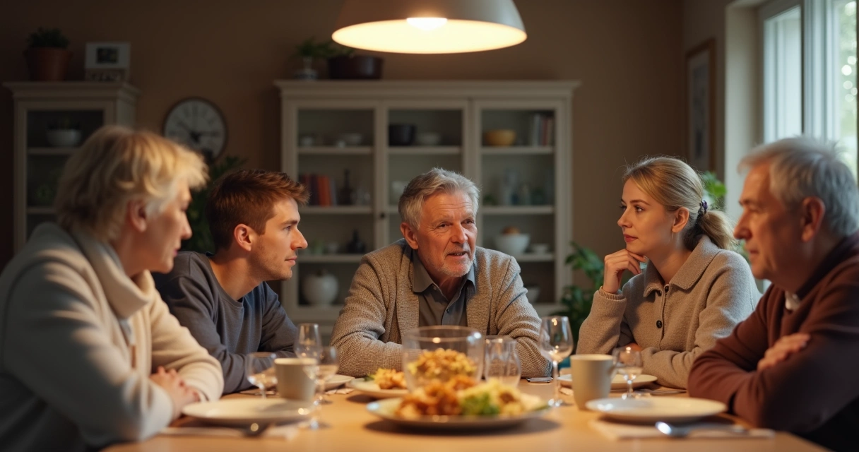 Família reunida à mesa em conversa respeitosa 