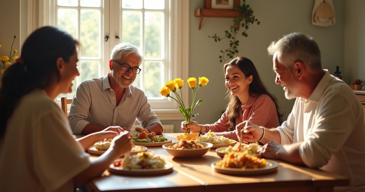 Família reunida à mesa com refeição simples e ambiente aconchegante 
