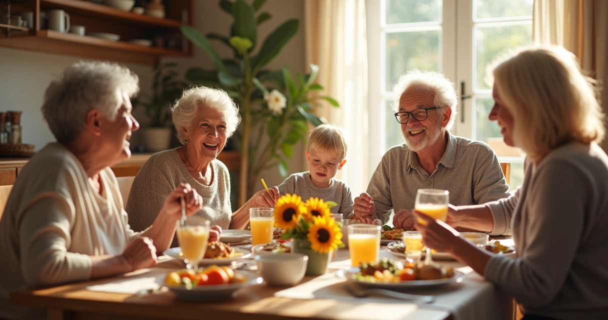 Família sorrindo junta em volta da mesa de almoço 