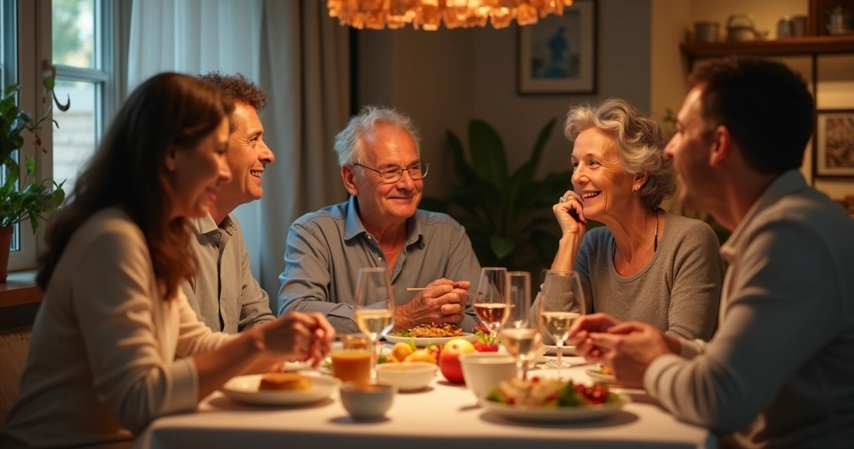 Família de várias gerações em uma mesa de jantar, conversando e sorrindo, mesmo com opiniões diferentes