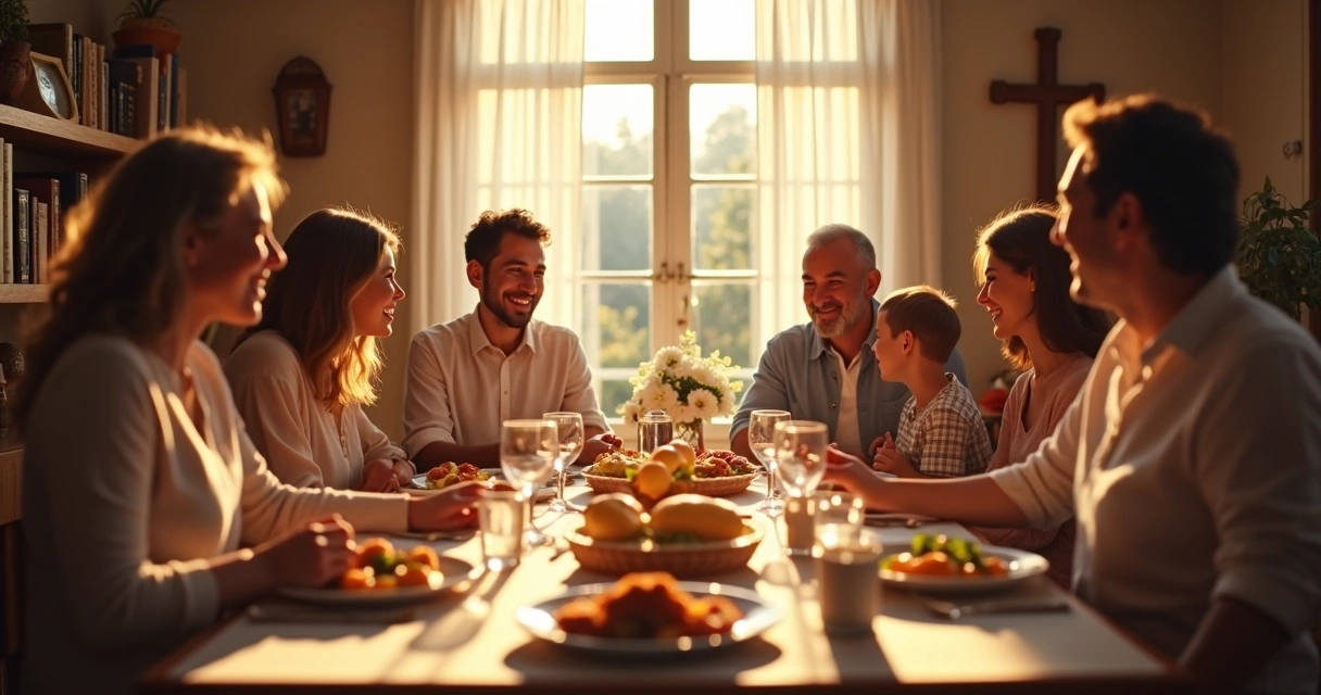 Família sentada ao redor de uma mesa de jantar bem organizada 