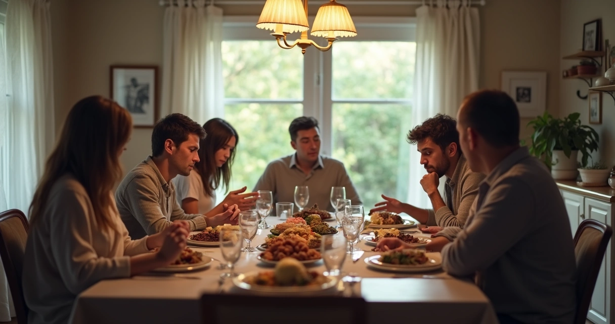 Família sentada em volta da mesa sem se olhar, expressando desconforto sutil