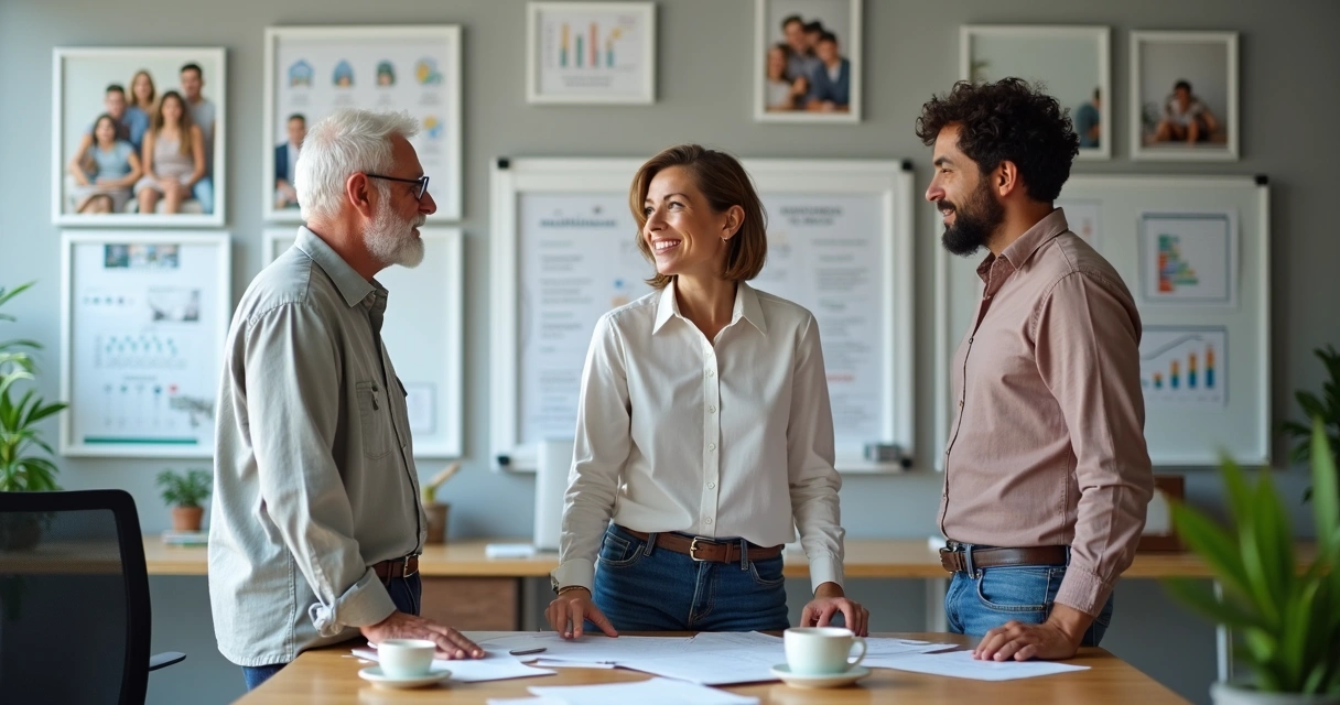 Três pessoas reunidas no escritório com quadros e computadores ao fundo 