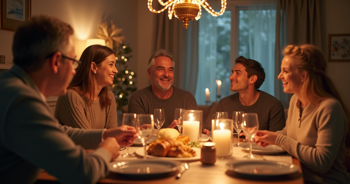 Família reunida em volta da mesa de Natal sorrindo, decoração simples e calorosa 