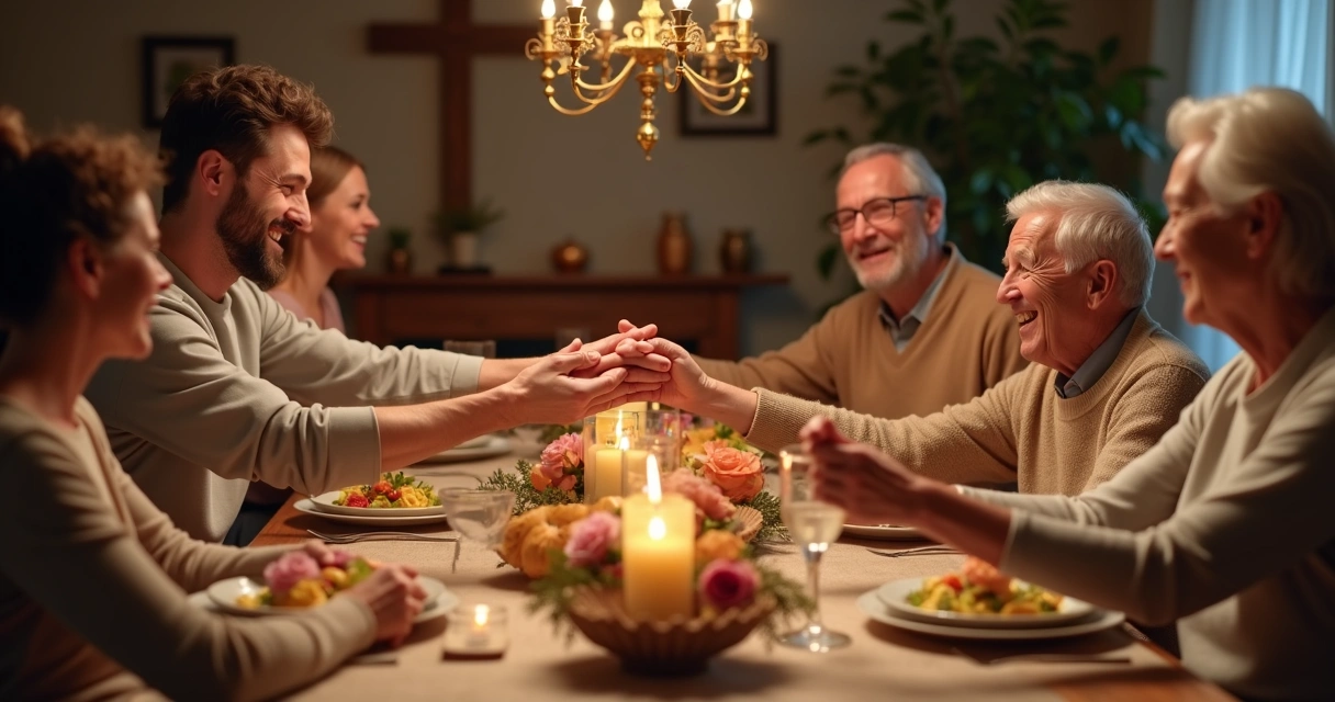 Família reunida orando em volta da mesa durante celebração em casa 