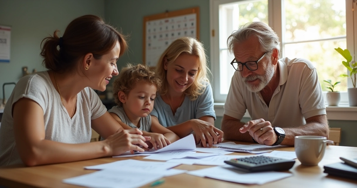 Família reunida em mesa analisando contas e orçamento