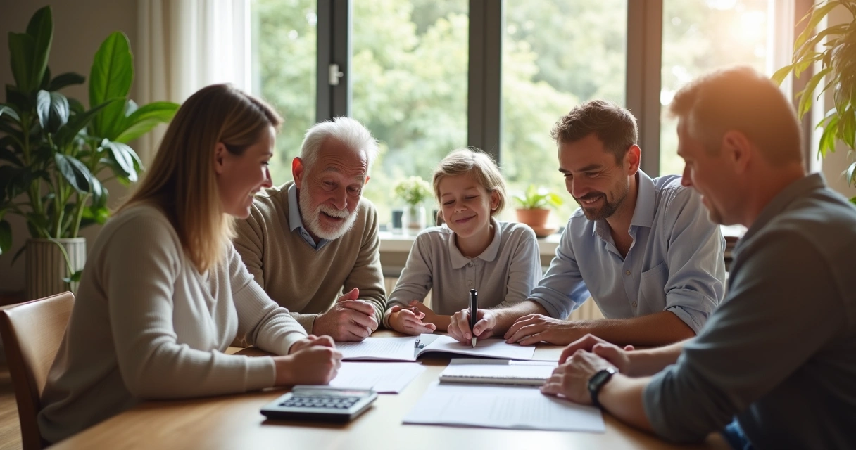Família reunida em sala moderna com documentos e laptop organizando patrimônio familiar 