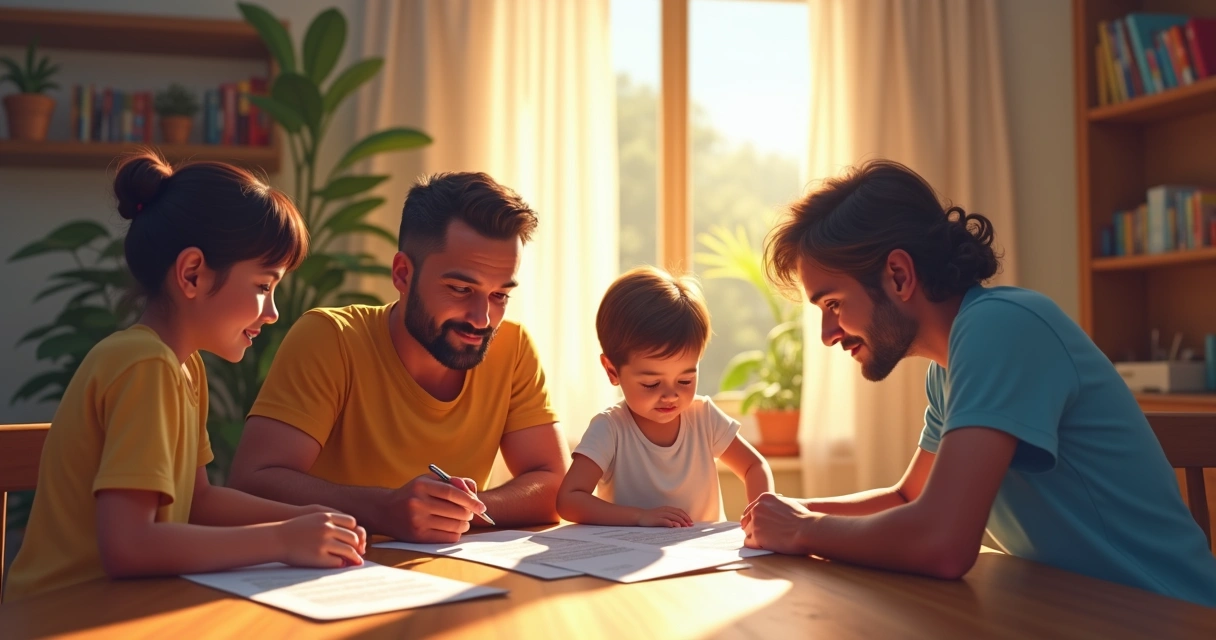 Família reunida ao redor da mesa durante avaliação de documentos de pensão INSS. 