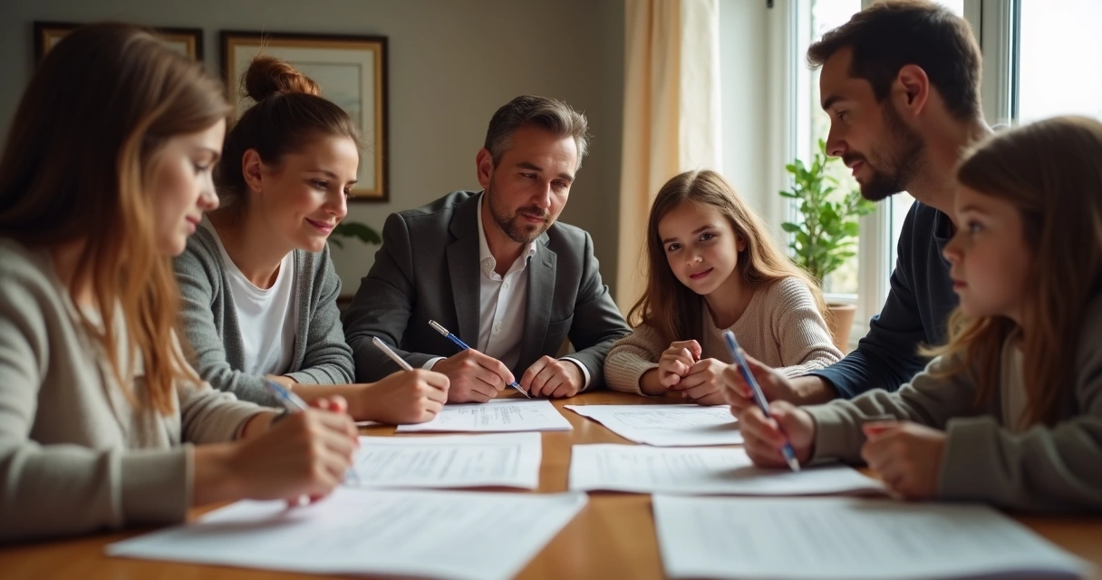 Família reunida conversando com documentos sobre benefício social