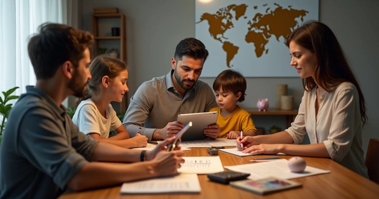 Família reunida com consultor financeiro analisando papéis na sala de estar