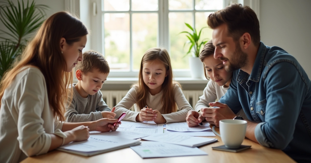 Família sentada em torno da mesa organizando contas com papéis, notebook e celular. 
