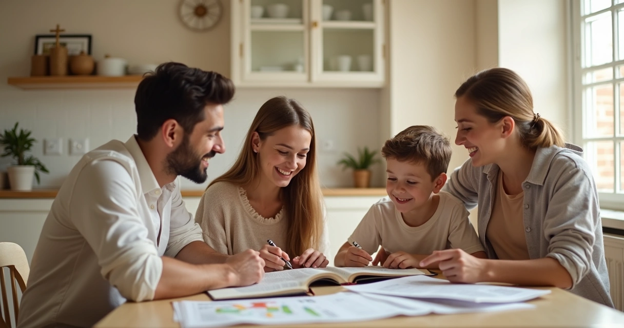 Família reunida à mesa, planejando objetivos e sorrindo 