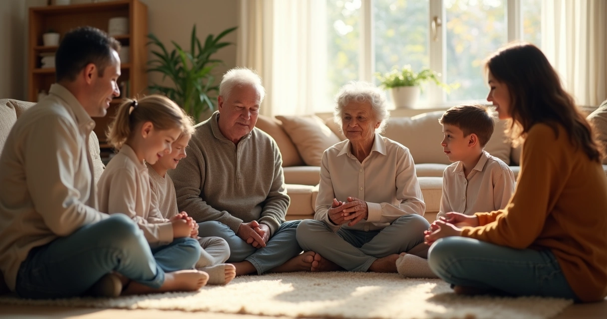 Grupo familiar sentado em círculo em casa olhando uns para os outros. 