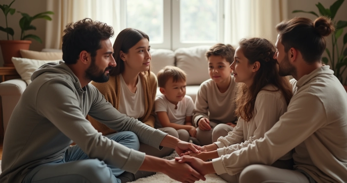 Família reunida sentada em círculo, olhando uns para os outros em um ambiente acolhedor e iluminado.