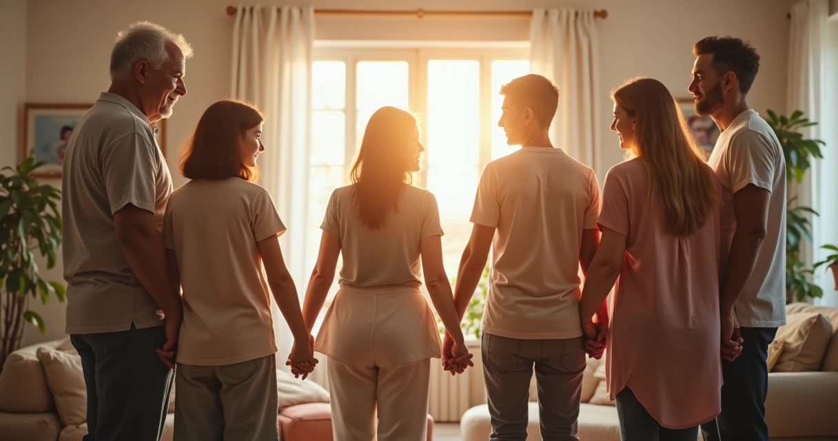 Família reunida em círculo, adultos e crianças de mãos dadas 