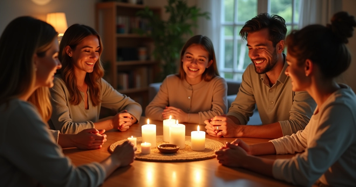 Família reunida em círculo realizando ritual com velas acesas e objetos sobre uma mesa 