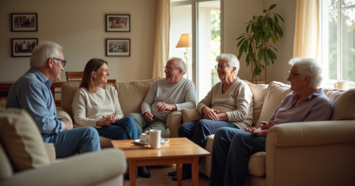 Família reunida conversando em uma sala de estar 