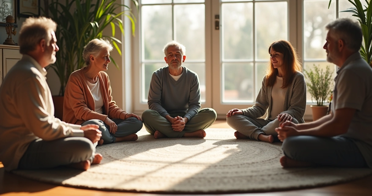 Família sentada em círculo em sala iluminada praticando meditação juntos 