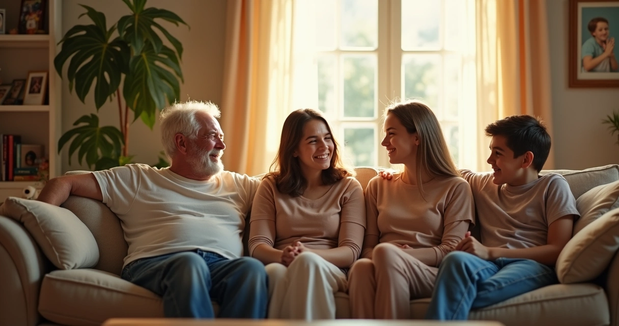 Família reunida na sala de estar em clima de conversa informal