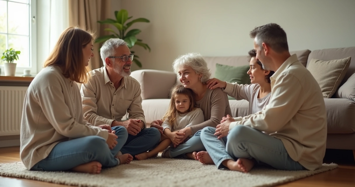 Família sentada em círculo na sala de estar trocando carinho e conversa tranquila 