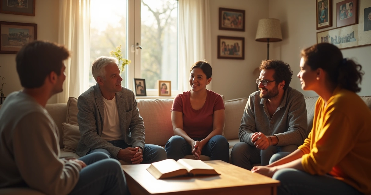 Família reunida conversando na sala com atmosfera acolhedora.