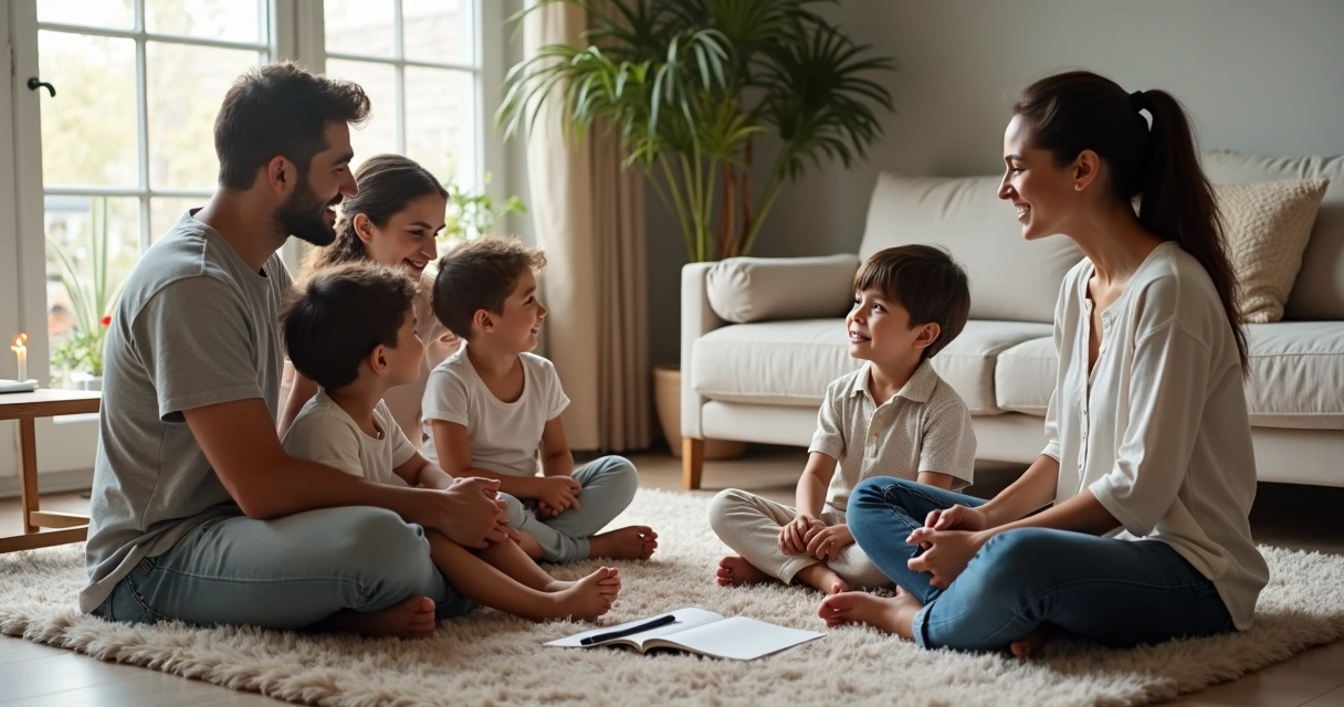 Família sentada em círculo na sala de estar em momento de conexão e conversa tranquila 