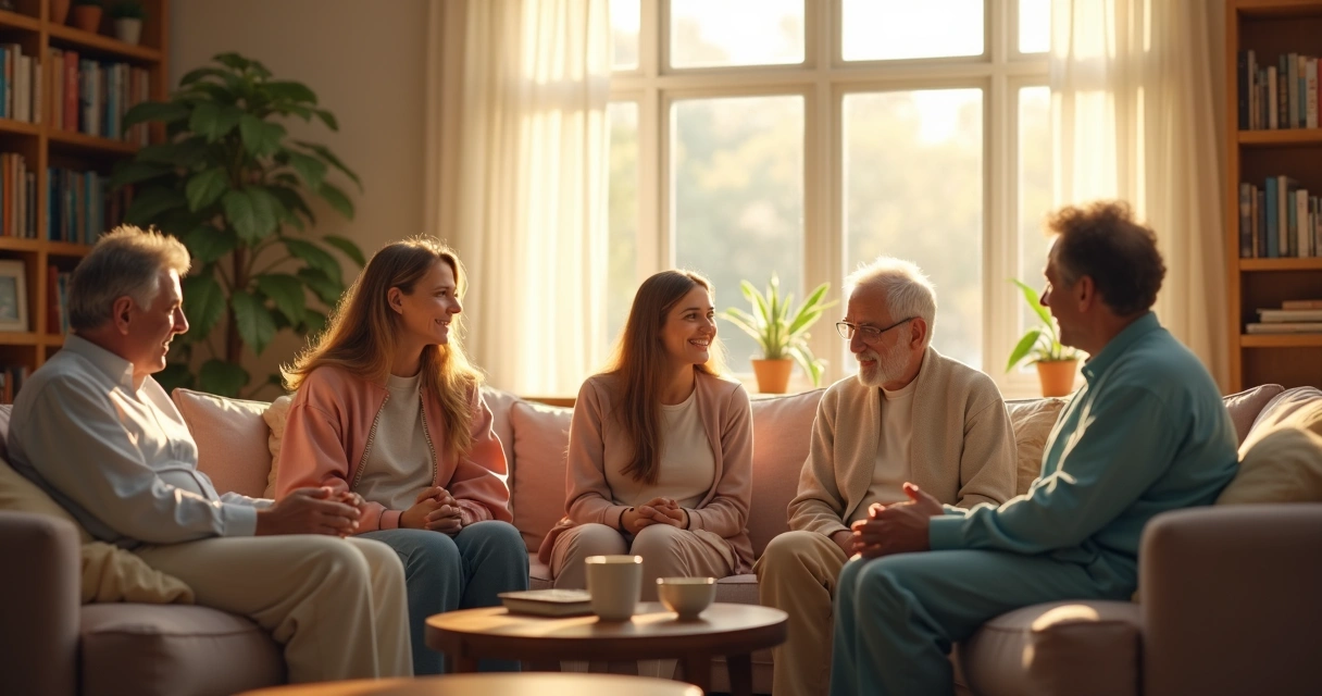 Pessoas reunidas conversando em uma sala aconchegante 