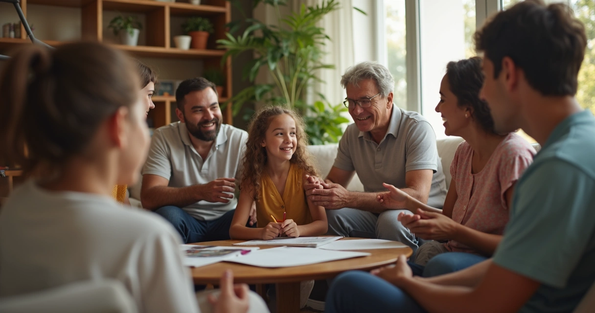 Família reunida em círculo, conversando e compartilhando ideias 