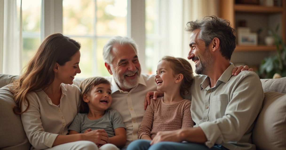 Família reunida sorrindo em sala de estar 