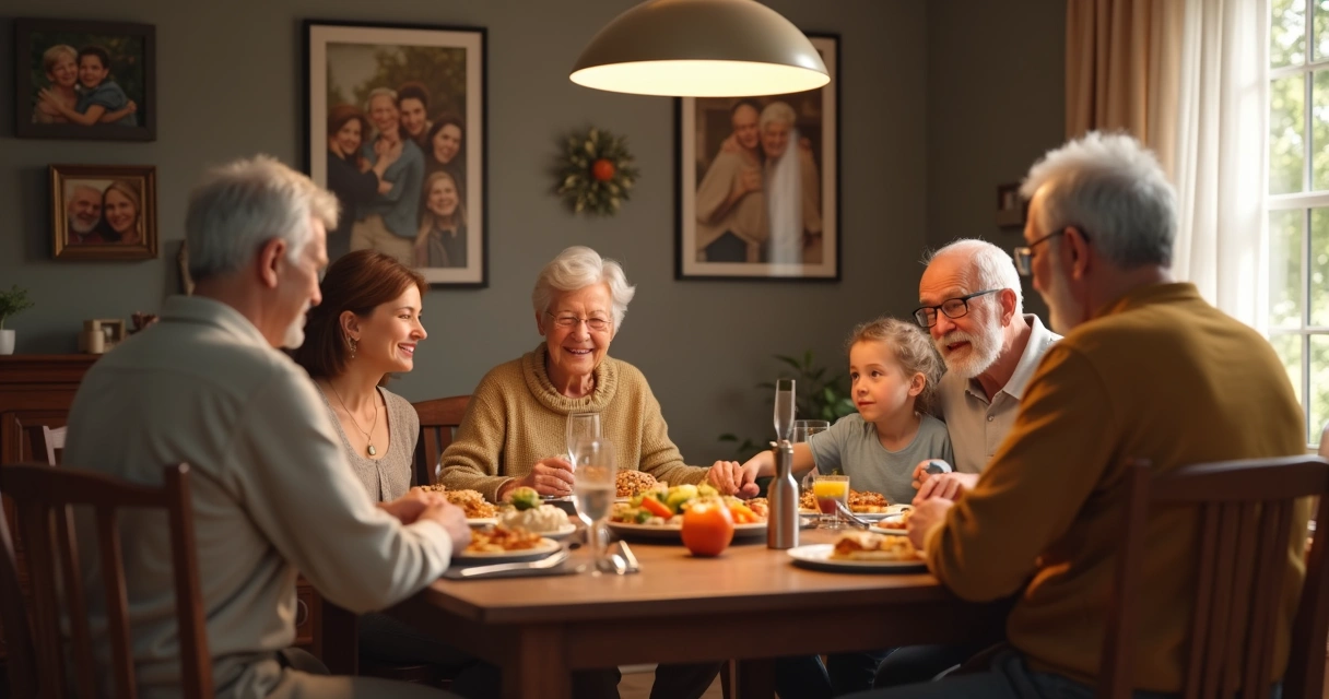 Família de várias gerações sentada em volta de uma mesa de jantar 