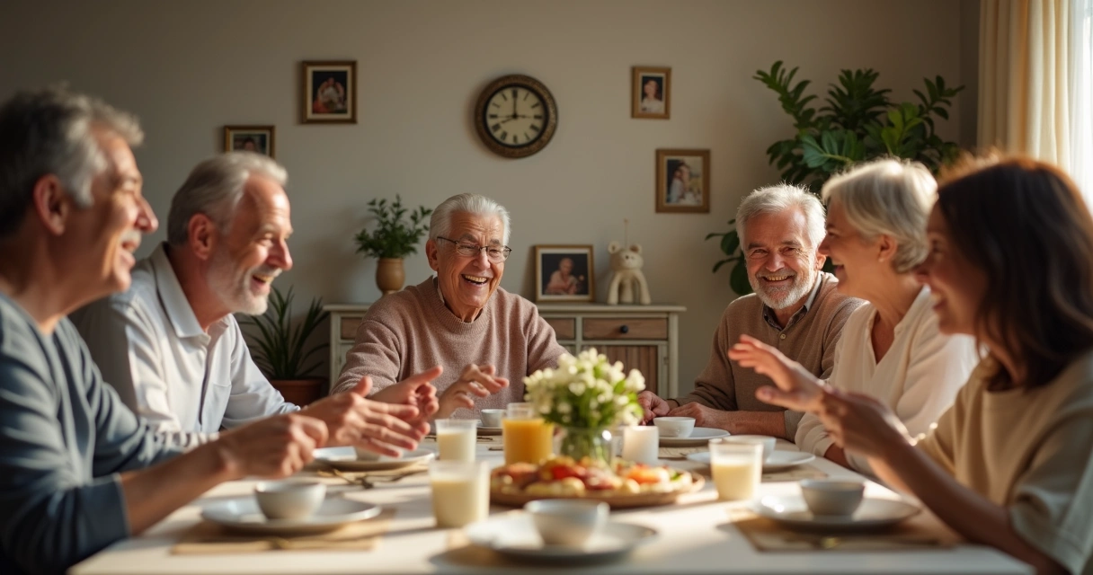 Família conversando ao redor de mesa de jantar 