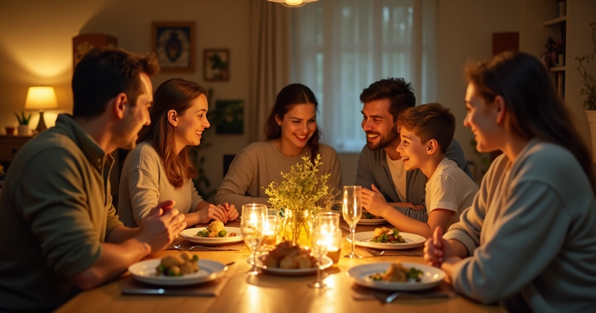 Família reunida à mesa de jantar trocando olhares e sorrisos 