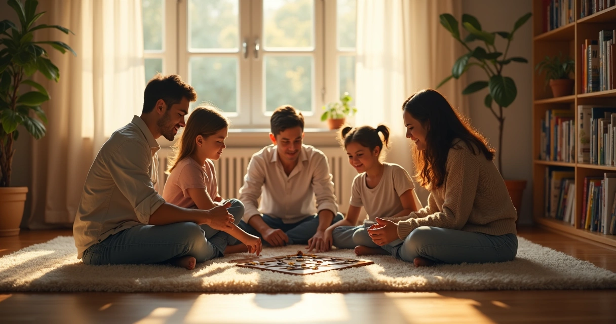 Família sorrindo reunida na sala, sem aparelhos eletrônicos à vista