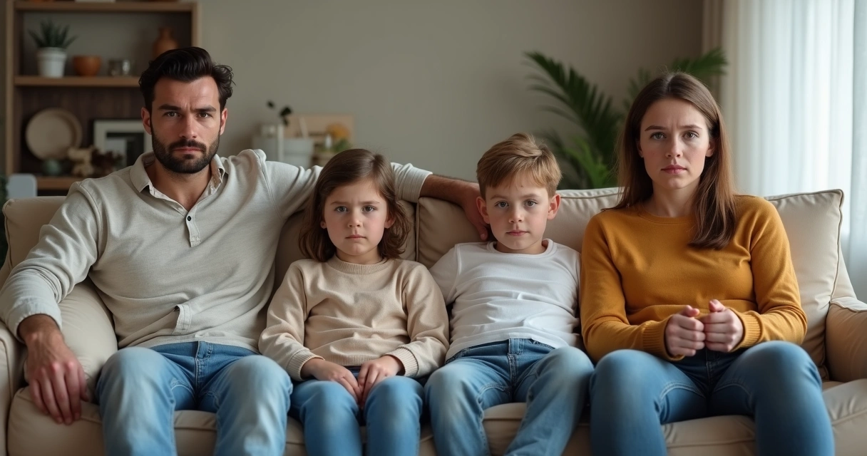 Família sentada em um sofá, rostos sérios e evitando contato visual. 