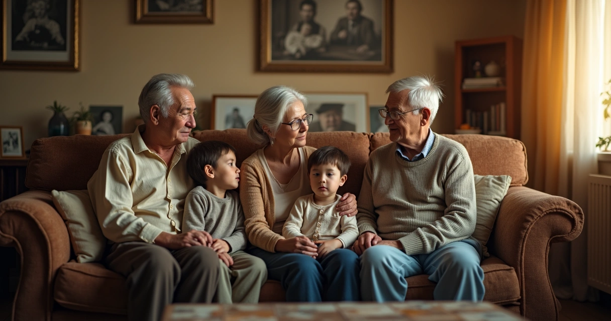 Família reunida em sofá antigo