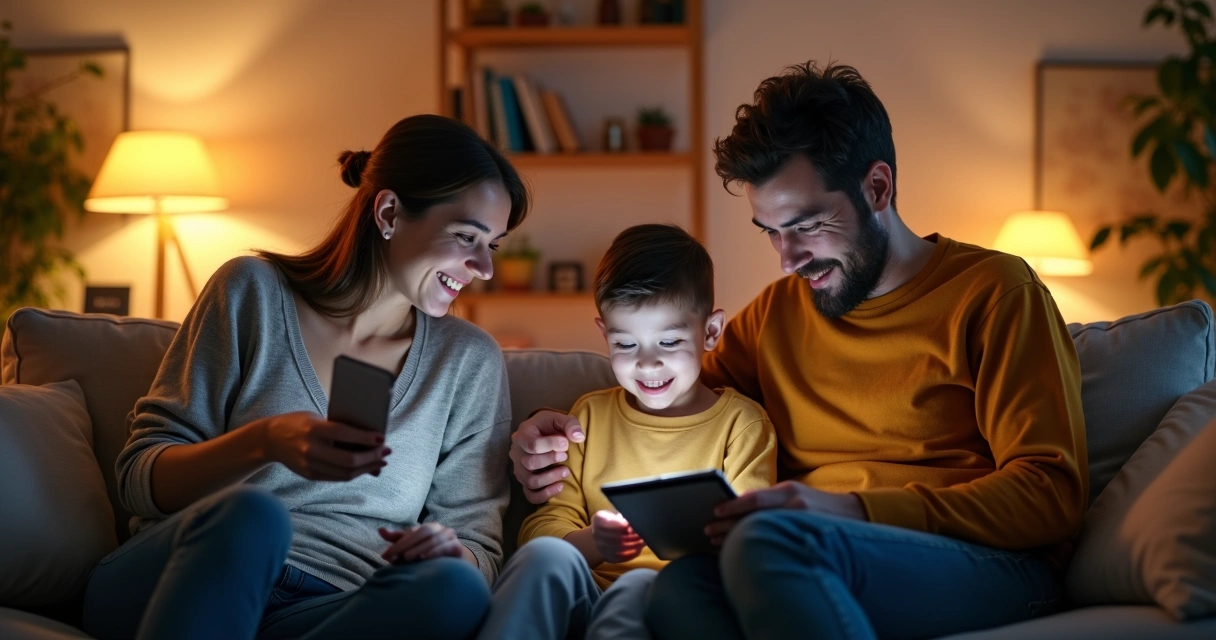 Família reunida na sala, cada um utilizando um dispositivo digital, refletindo o uso consciente da tecnologia 