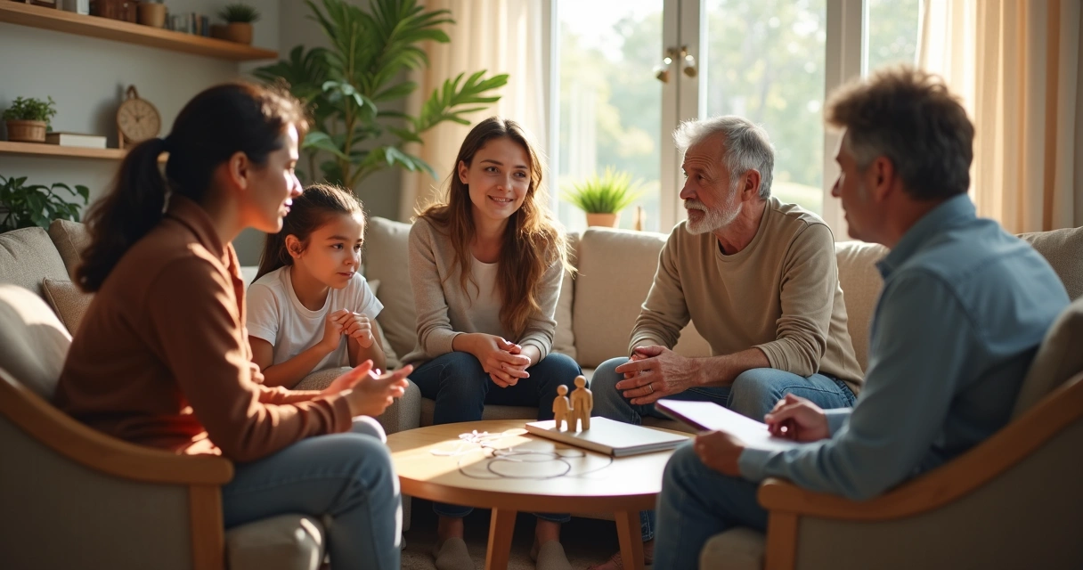 Família sentada em círculo conversando com terapeuta em ambiente acolhedor 
