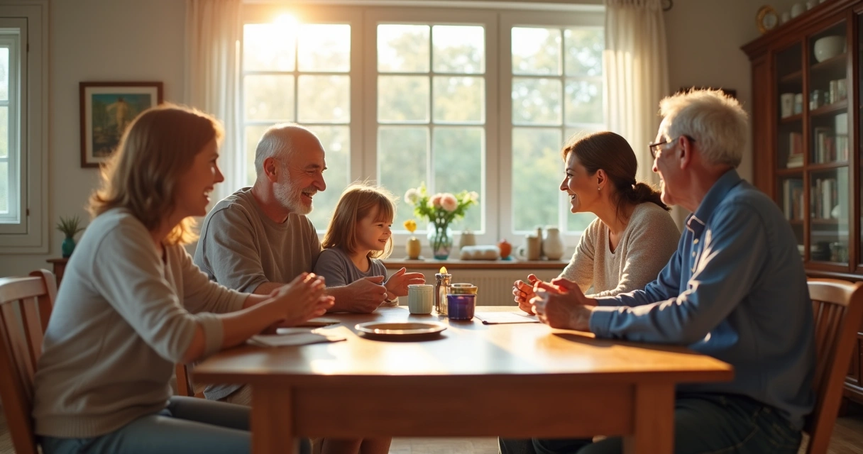 Familia sentados alrededor de una mesa compartiendo y dialogando animadamente. 