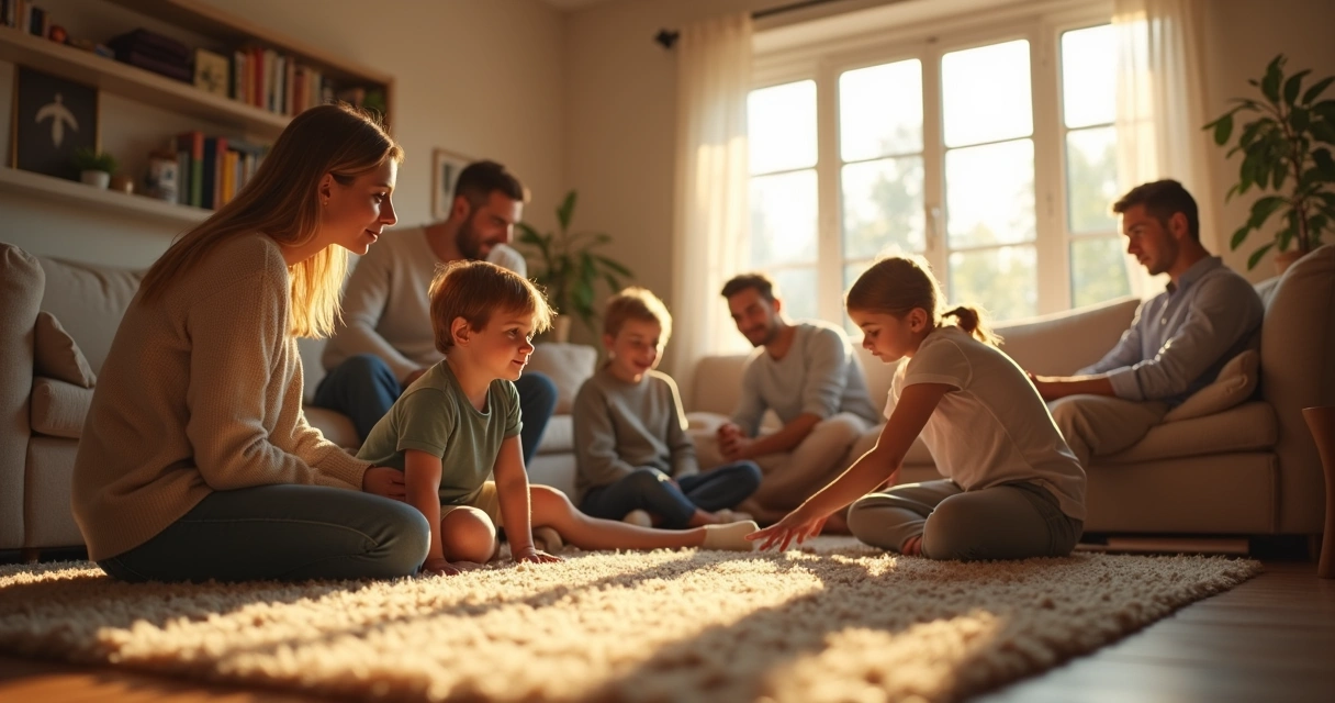 Reunión familiar en el salón de una casa, adultos y niños interactuando